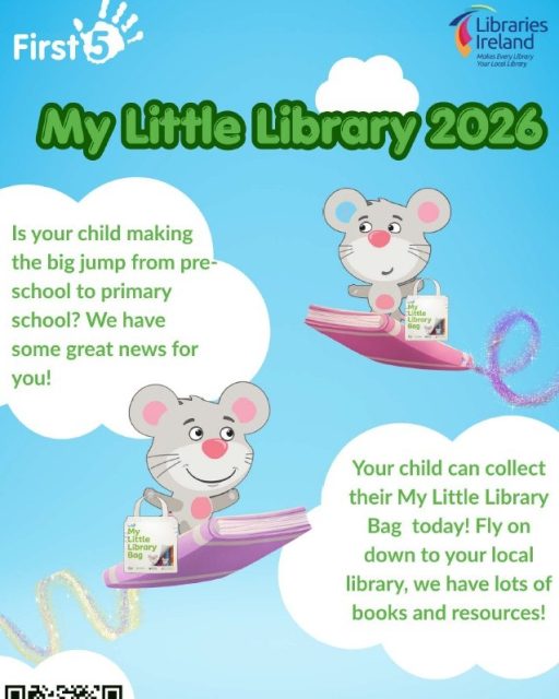 My Little Library 2026
Have you a child starting primary school this year? The Little Library Bags are back! There's a bag of free books for every child starting big school this year. Call in to your local library to collect yours.