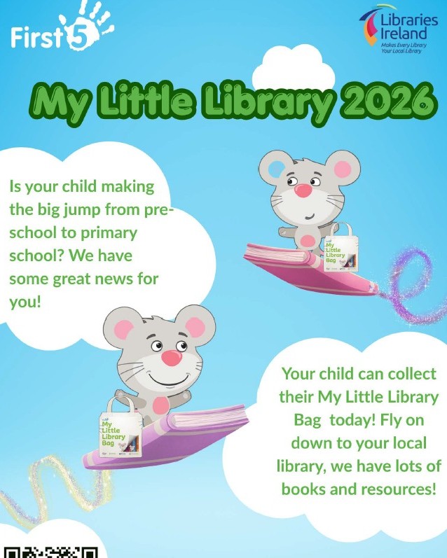My Little Library 2026
Have you a child starting primary school this year? The Little Library Bags are back! There's a bag of free books for every child starting big school this year. Call in to your local library to collect yours.