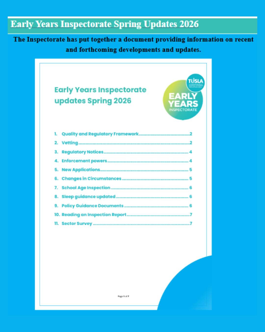 Tusla Early Years Inspectorate Spring Updates 2026
The Inspectorate has put together a document providing information on recent and forthcoming developments and updates. Link below:
https://www.tusla.ie/early-years-inspectorate/