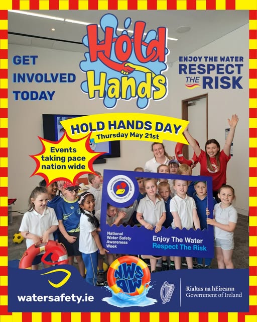 Did you know that there is a whole day dedicated our Hold Hands programme during National Water Safety Awareness Week 2026? 
🤝Hold Hands Day will take place on Thursday, 21st May 2025. This day will be all about sharing simple water safety knowledge with children between the ages of 3 and 5. 
Water Safety Ireland’s Hold Hands Programme uses six illustrated storyboards to show children how to stay safe around water in a fun and playful way. 
The storyboards cover a range of environments, including at the beach, on holiday, at the lake, on the farm, at the pool and at home. 
For more information head to www.watersafety.ie/ water-safety-awareness-week/