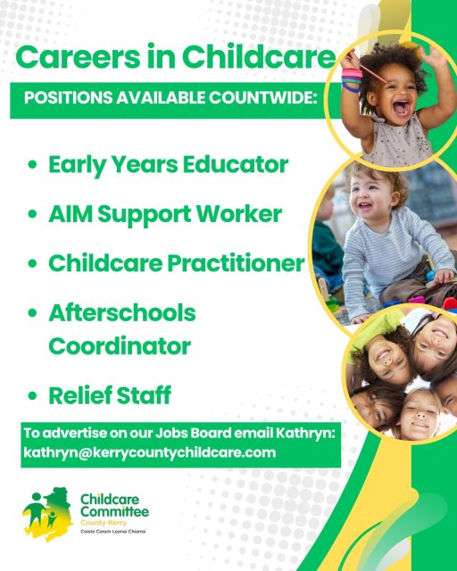 Visit our Jobs Board for further information on the positions available and details on how to apply.
https://www.kerrycountychildcare.com/local-jobs-board-for-kerry/