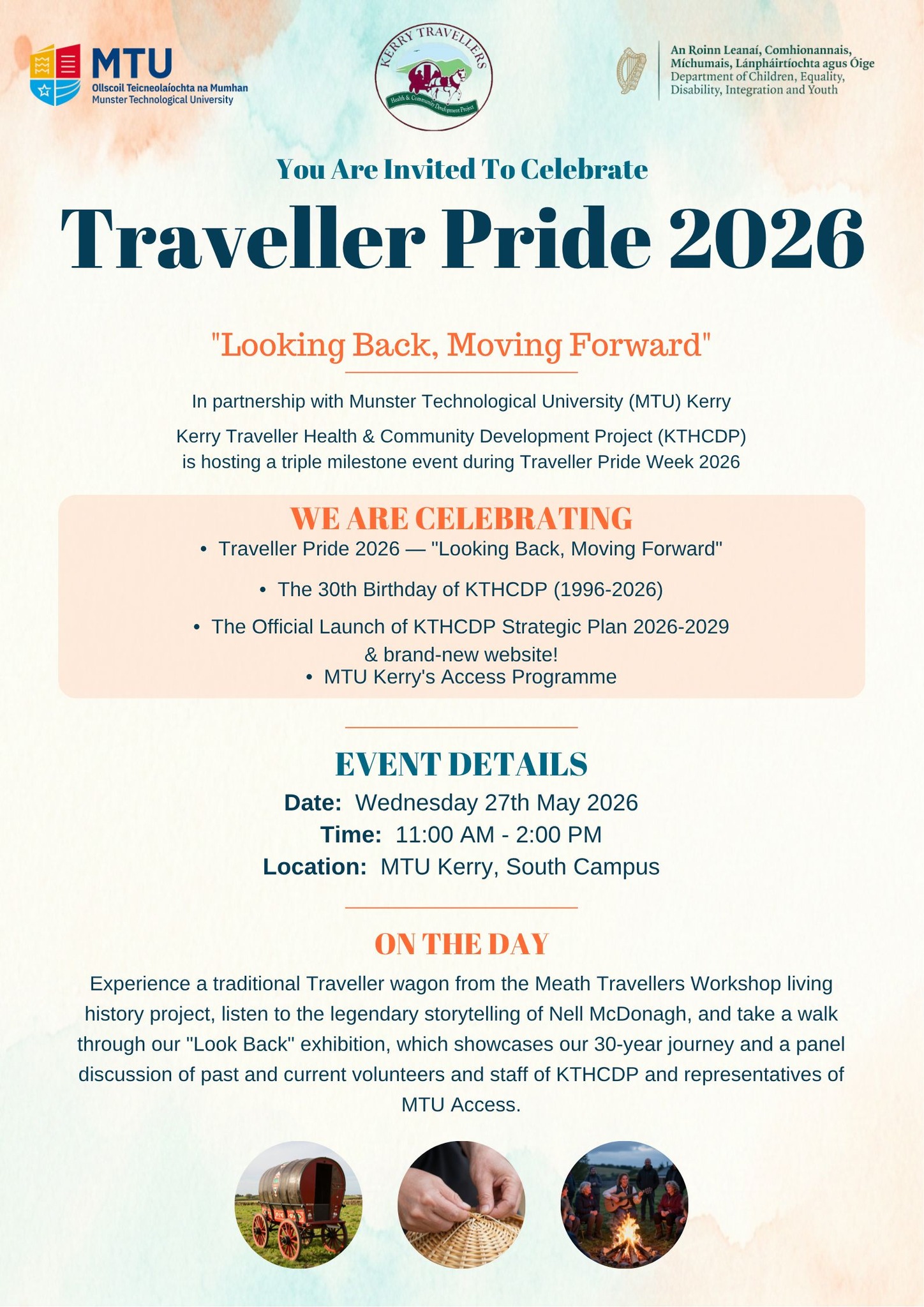 Traveller Pride Week Kerry Event
Wednesday 27th May 2026
11.00am - 2.00pm
MTU Kerry, South Campus