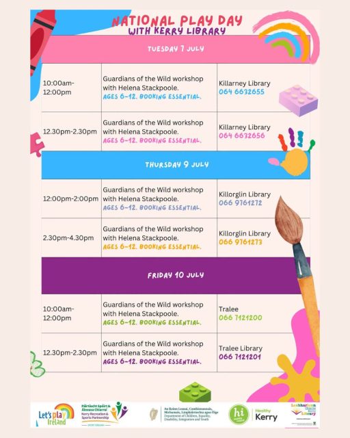 Guardians of the Wild - Helena Stackpoole with hold fun and interactive story and craft workshops for National Play Day in Killorglin, Killarney and Tralee
Ages 6-12. Booking essential.
