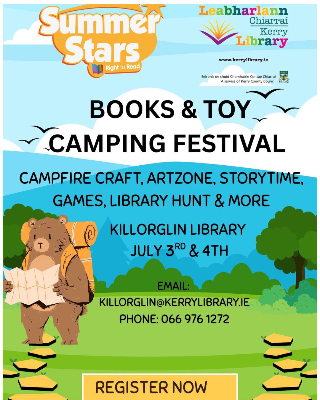 Killorglin Library are holding a Books and Toy Camping festival on July 3rd and 4th.
Library camping for your favourite toy or imaginary friend. Set up your own camp space (pop up tent) or we can make a tent with you. Library Book Hunt all day & camp set up.  3pm-4.30pm make your own camp fire with Storytime. Artzone and make a group art project to display. Games, toys, cards available both days.