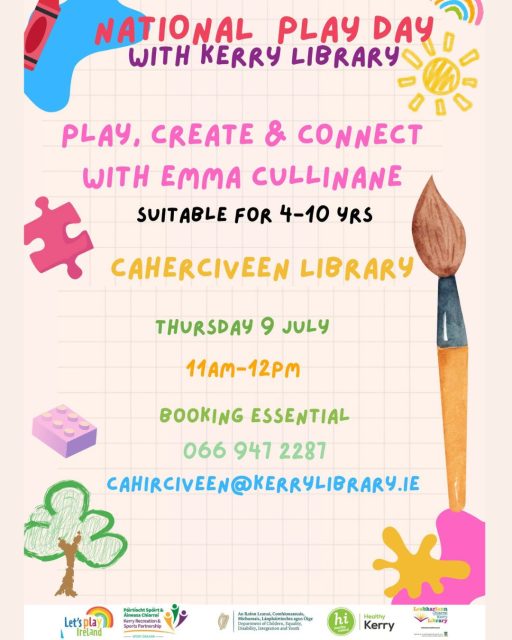 Join Emma Cullinane, Therapeutic Play Practitioner Trainee, for a fun and engaging National Play Day workshop designed to celebrate the power of play in children's emotional wellbeing and development.
Suitable for 4-10 year olds. Booking essential. Call Caherciveen 066 947 2287 to book a place.
This interactive workshop will include arts and crafts, mindfulness techniques, and creative play using clay and play dough. Children will have the opportunity to explore, create, and connect in a safe, supportive, and enjoyable environment while developing important social and emotional skills through play.
Come along and celebrate National Play Day with creativity, imagination, and plenty of fun!