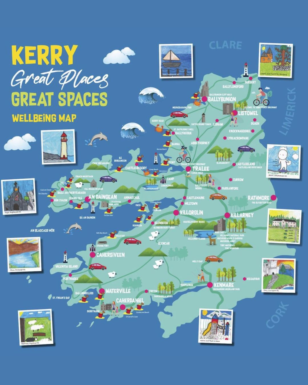 Kerry CYPSC - Great Places Great Spaces
This project is all about celebrating the great outdoors in County Kerry and inspiring children, young people, and families to go outside and enjoy the amazing natural spaces right on their doorstep.

Almost six hundred children from twenty-three primary schools across the county helped to create a special, creative map highlighting free places and spaces in Kerry that support our health and wellbeing. We asked each child who took part to draw a picture and write a short piece about a free outdoor place in Kerry they enjoy spending time in.

They shared where it is, what they enjoy most about it, and how being there makes them feel.
See more@:
https://kerrychildrensservices.com/greatplaces/
