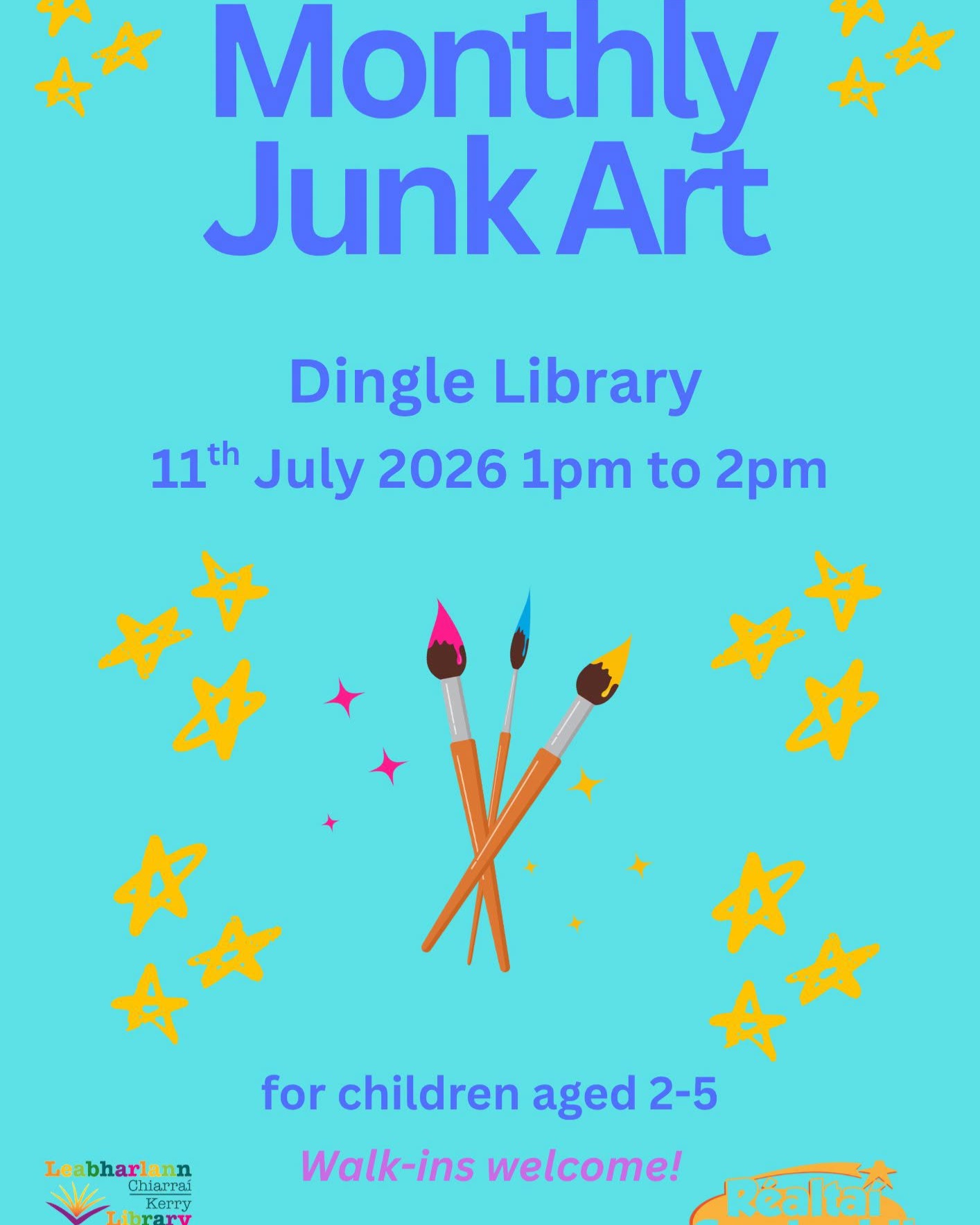 Join Sinead in Dingle Library this Saturday for a fun, creative art workshop using recycled materials.

Dingle Library
Saturday 11, July
1pm-2pm.
