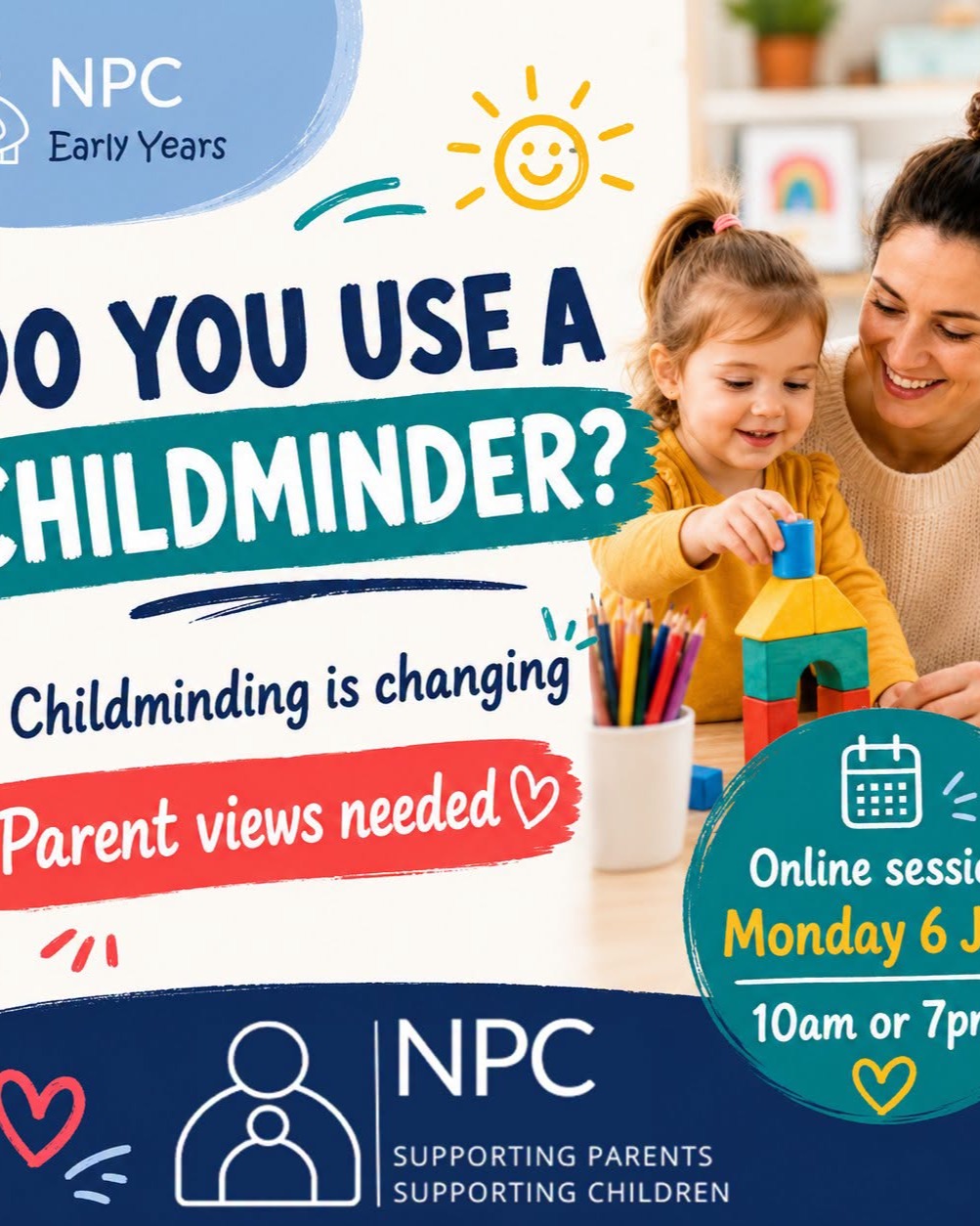 🚨 𝗗𝗼 𝘆𝗼𝘂 𝘂𝘀𝗲 𝗮 𝗰𝗵𝗶𝗹𝗱𝗺𝗶𝗻𝗱𝗲𝗿? 𝗧𝗵𝗶𝘀 𝗺𝗮𝘁𝘁𝗲𝗿𝘀.

Childminding in Ireland is changing.

New regulations have been introduced to bring paid childminding services under a national registration system.

Right now, there is a transition period in place. This means childminders can choose whether or not to register with Tusla.

But from 𝟮𝟵 𝗦𝗲𝗽𝘁𝗲𝗺𝗯𝗲𝗿 𝟮𝟬𝟮𝟳, childminders providing paid childcare in their own home for children under 15 will be required to register.

If your family uses a childminder, has used one in the past, or may need one in the future, we want to hear from you.

The 𝗡𝗮𝘁𝗶𝗼𝗻𝗮𝗹 𝗣𝗮𝗿𝗲𝗻𝘁𝘀 𝗖𝗼𝘂𝗻𝗰𝗶𝗹 (#𝗡𝗣𝗖) is hosting an online session today Monday 6th July to hear parents’ views and experiences.

What has worked well for your family?
What has been difficult?
What do parents need to be considered as these changes are introduced?

🗓 𝗢𝗻𝗹𝗶𝗻𝗲 𝘀𝗲𝘀𝘀𝗶𝗼𝗻:
𝗠𝗼𝗻𝗱𝗮𝘆 𝟲 𝗝𝘂𝗹𝘆 𝟮𝟬𝟮𝟲

🕰 𝗖𝗵𝗼𝗼𝘀𝗲 𝗳𝗿𝗼𝗺:
• 𝟭𝟬𝗮𝗺
• 𝟳𝗽𝗺

This is an important chance for parents to share real experiences before registration becomes mandatory.

👉 𝗦𝗶𝗴𝗻 𝘂𝗽 𝗵𝗲𝗿𝗲:
https://forms.office.com/Pages/ResponsePage.aspx?id=4HcczmaGBkii7dA6Y4qM6rI4A0yJZ2VAsDt25jpihPRUM1BHN0tQOVFaUzY0REw5MTk2SlkwNEY4QS4u