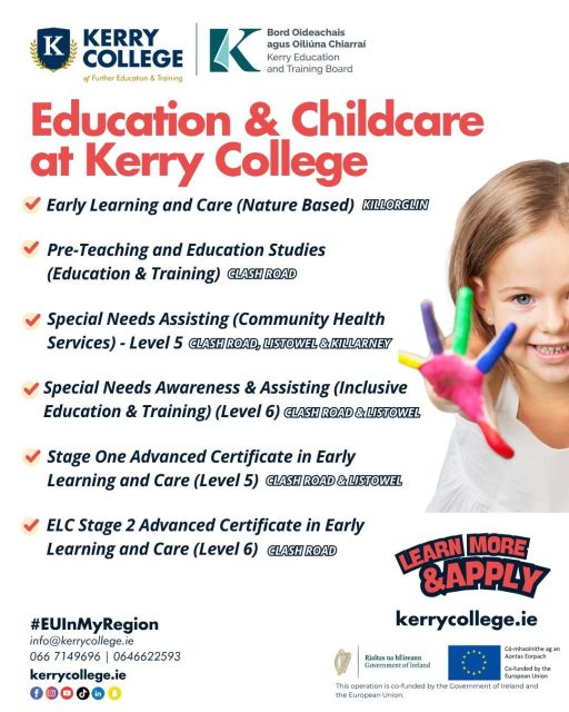 Passionate about working with children?

Kerry College offers full-time & Childcare courses across Tralee, starting this September ✅

With QQI Level 5 and QQI Level 6 courses available, there’s an option to suit where you are in your career journey.

Places are limited🤏 Apply now at kerrycollege.ie