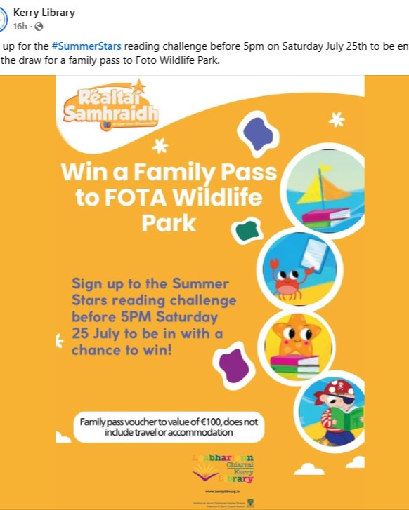Win a family pass to Fota Wildlife Park with the #SummerStars reading challenge in Kerry Library.