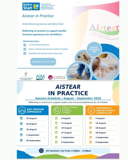 Registration is now open for Aistear in Practice.
Join Better Start for a series of online mentoring sessions.
🌐 Register here: https://www.betterstart.ie/.../aistear-in-practice.../
