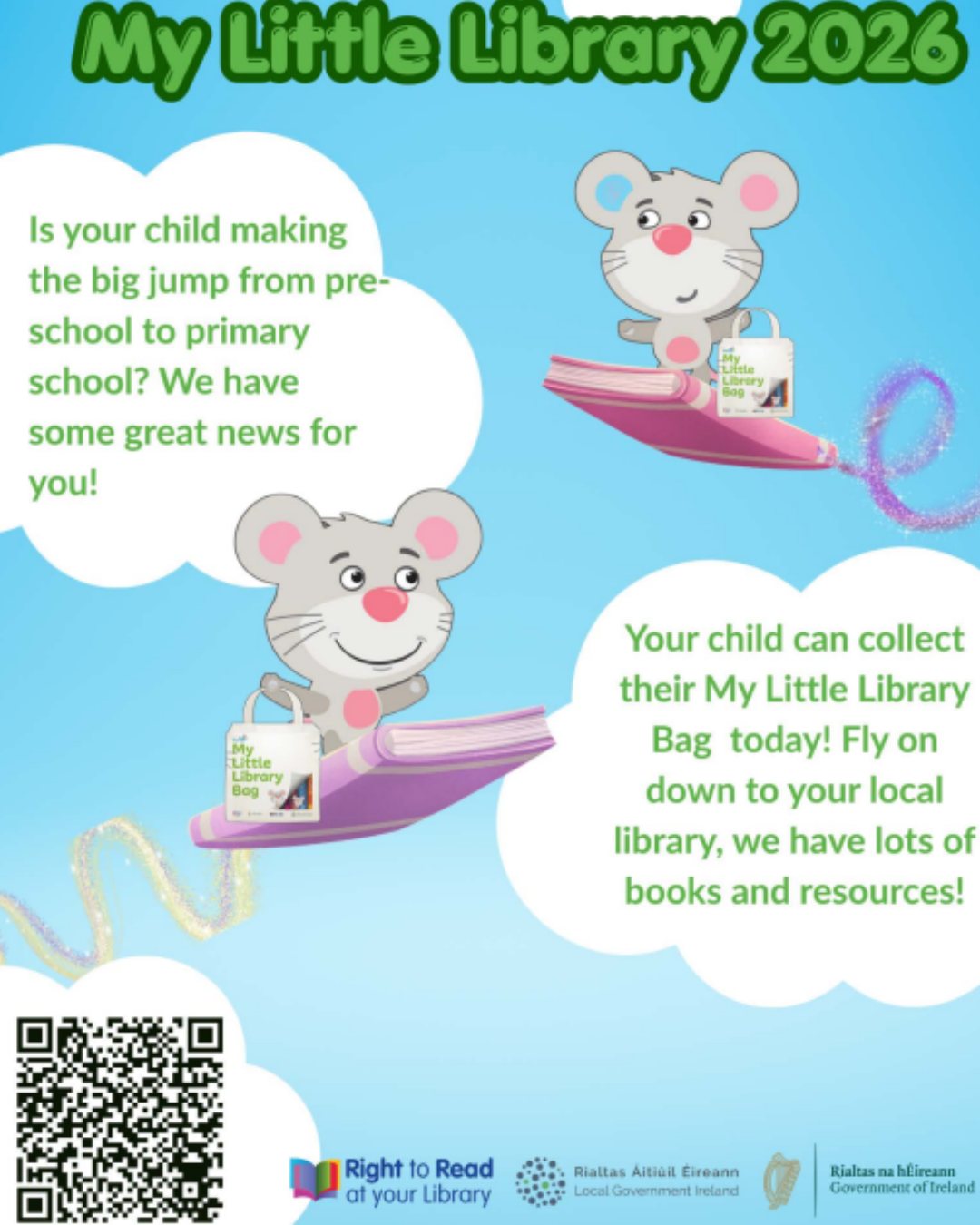 Reminder to Pick up a Little Library bookbag for FREE for your new school starters!

Children beginning primary school are invited to visit their local library and collect a free Little Library book bag. Children can choose from an English or Irish bag.