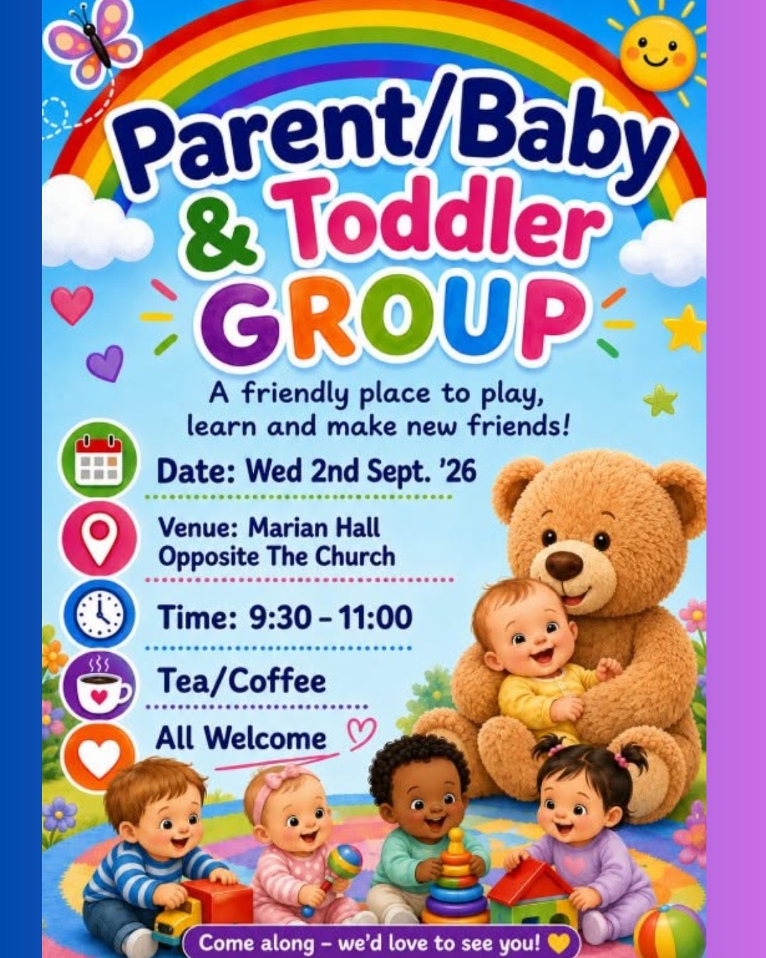Parent/Baby and Toddler Group returns to Firies on Wednesday 2nd September. All Welcome!