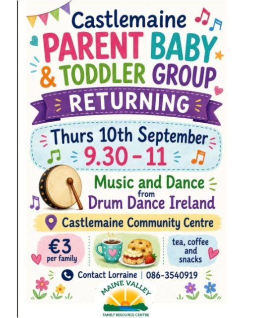 Castlemaine Parent Baby and Toddler Group are returning to MVFRC on Thursday September 10th. Come along for a cup of tea and some music with Drum Dance Ireland. We are very excited to welcome new babies and Parents to the group. Contact Lorraine 086 3540919