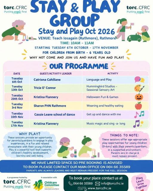 New Group to Rathmore 
torc.cfrc Stay an Play, 6 week programme for parents under 6, offering a fun, interactive & inclusive space for families to come together. Variety of fun activities and guest facilitators