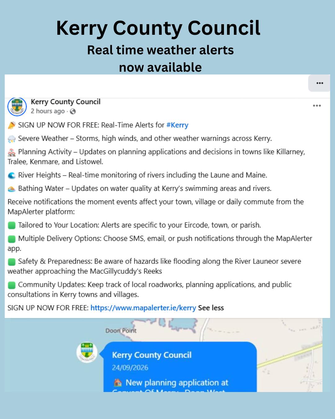 Sign up for real time alerts from Kerry County Council.