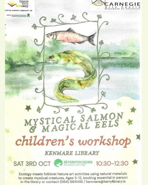 Mystical Salmon & Magical Eels - Ecology meets Folklore  in this children's art workshop. 
Kenmare Library
Saturday 3rd, 10.30am.
Suitable for 5-12yrs.
Booking essential: contact 064 6641416.
#ChildrensBookFestival