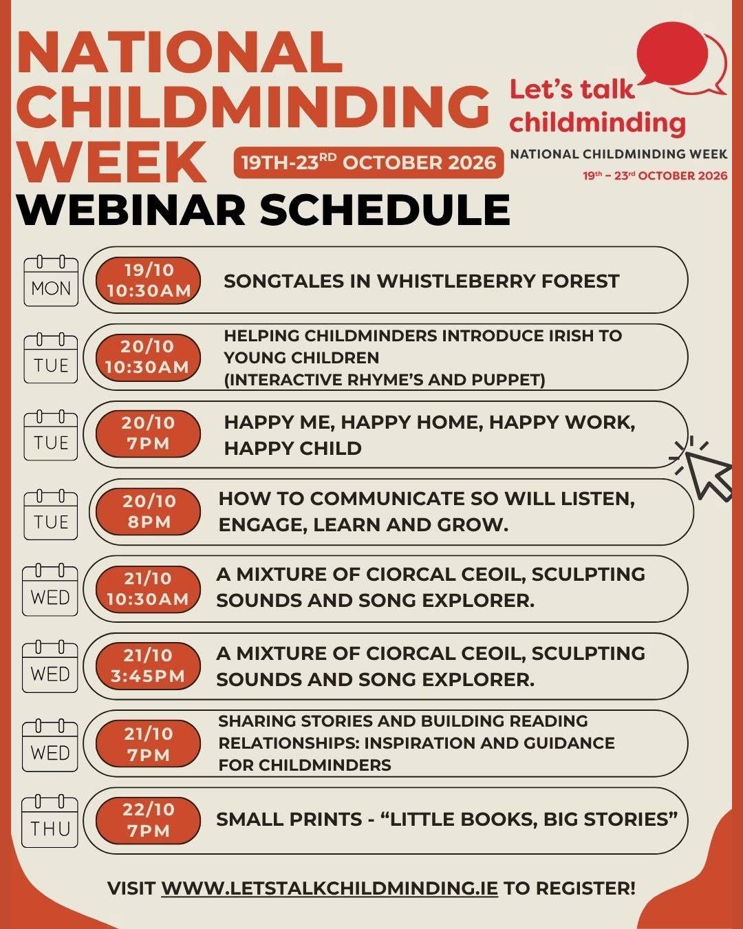 Next week is National Childminding Week!
From 19 to 23 October, we are celebrating the incredible childminders across Ireland.
To mark the week, there are several FREE webinars packed with ideas, inspiration and practical support.
Feel free to contact your local City/County Childcare Committee’s Childminding Development Officer for more information: https://www.gov.ie/.../city-and-county-childcare-committees/
Register for any session at: https://www.betterstart.ie/training-events/ 
Learn more about the week at: https://www.letstalkchildminding.ie/